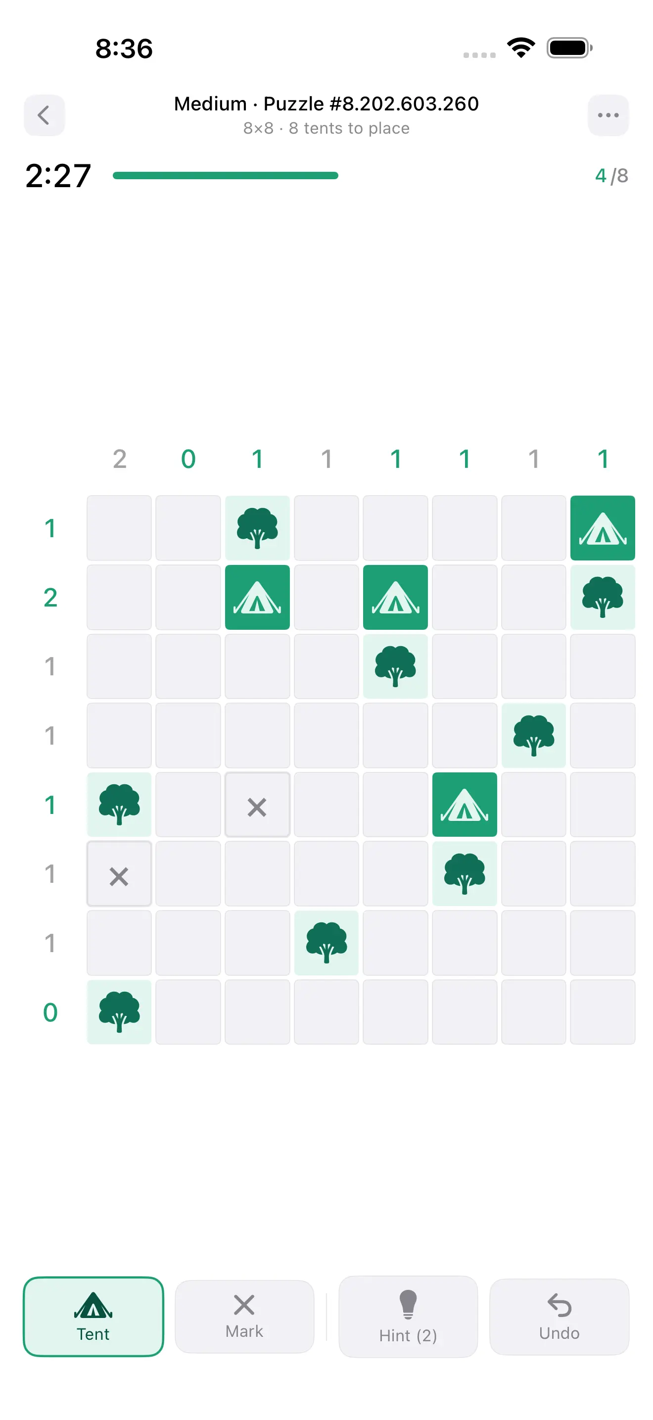 Tents & Trails gameplay,solving an 8x8 puzzle